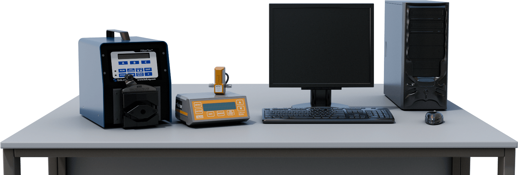 MabTec Automated Cell Culture Maintenance System and SciPres Pressure Sensor and Monitor on table next to computer and monitor.