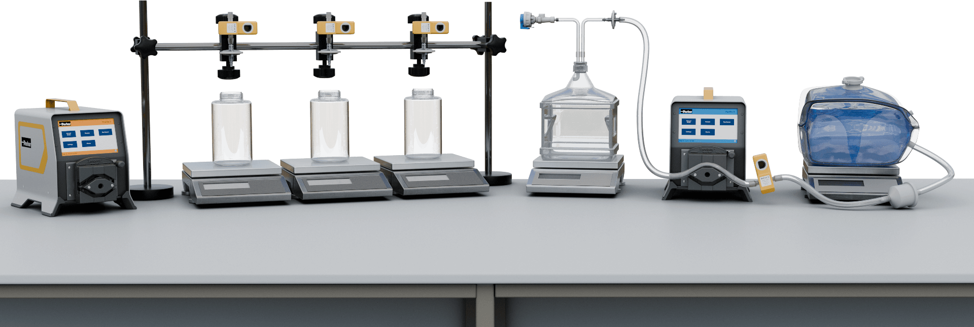 FilterTec Automated Laboratory NFF System and PureTec Automated Cell Culture Maintenance System on table next to various bags and bottles on scales.